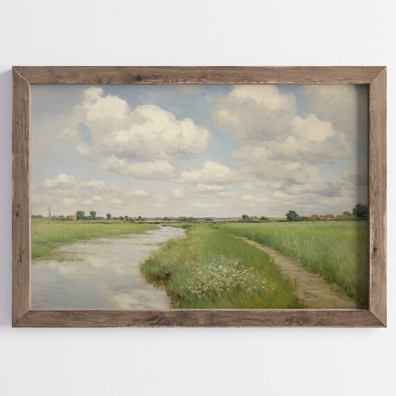 Neutral Countryside River Landscape Winding Stream Cloudy Sky Pastel Poster