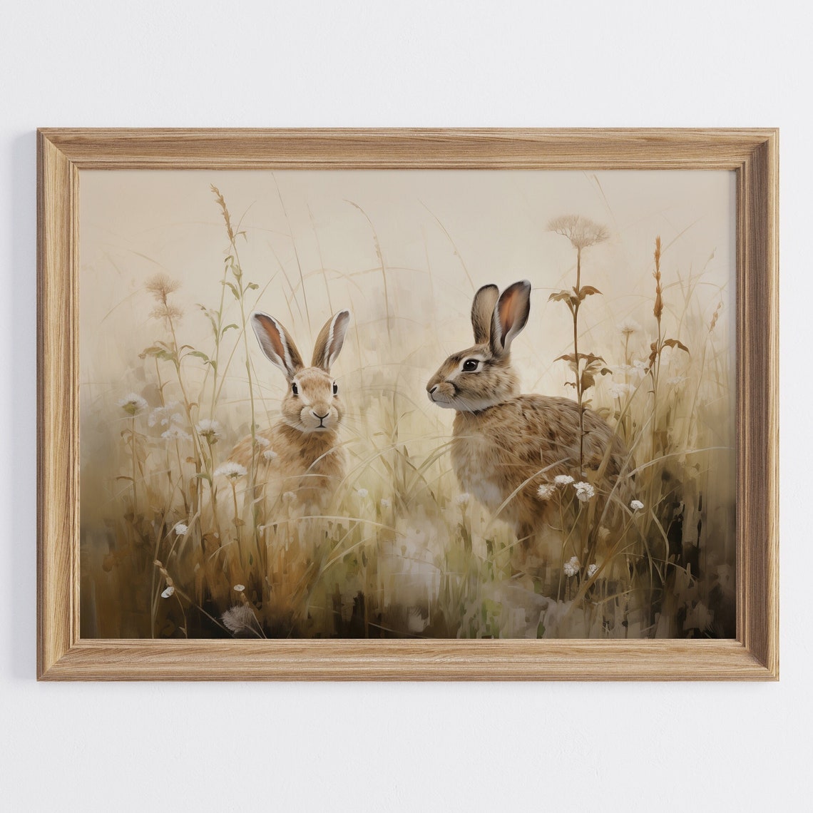 Two Hares Resting in Golden Meadow Tender Wildlife Art Poster