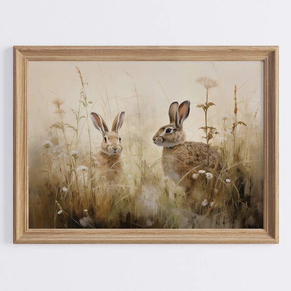 Two Hares Resting in Golden Meadow Tender Wildlife Art Poster