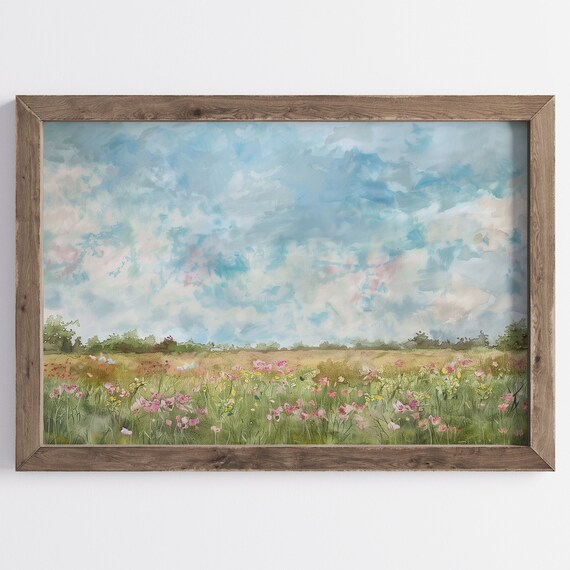 Pink Wildflower Meadow Watercolor Cloudy Sky Field Painting Poster