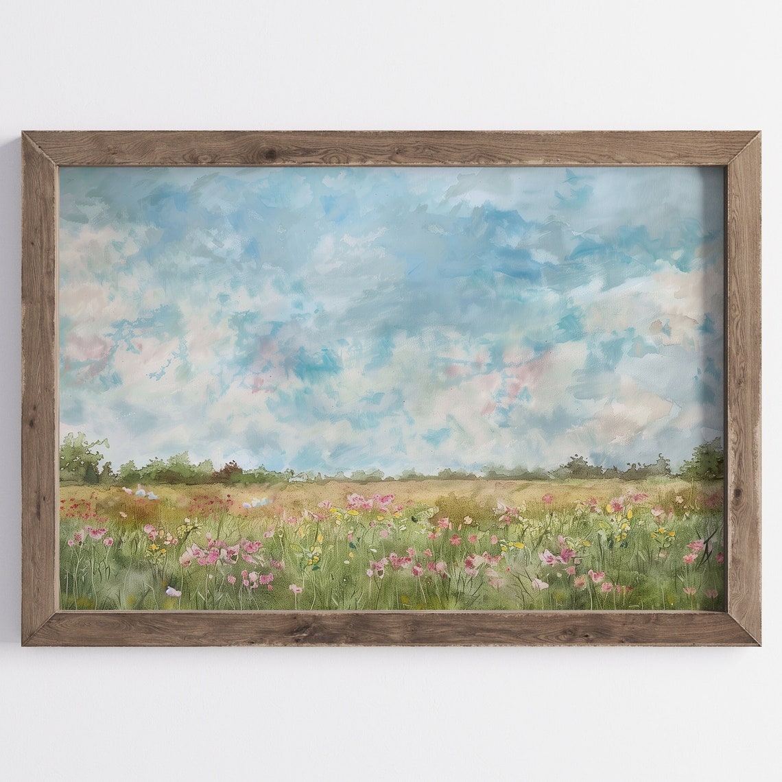 Pink Wildflower Meadow Watercolor Cloudy Sky Field Painting Poster