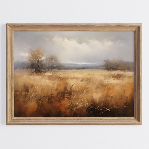 Golden Autumn Grassland Under Moody Gray Sky Textured Field Poster