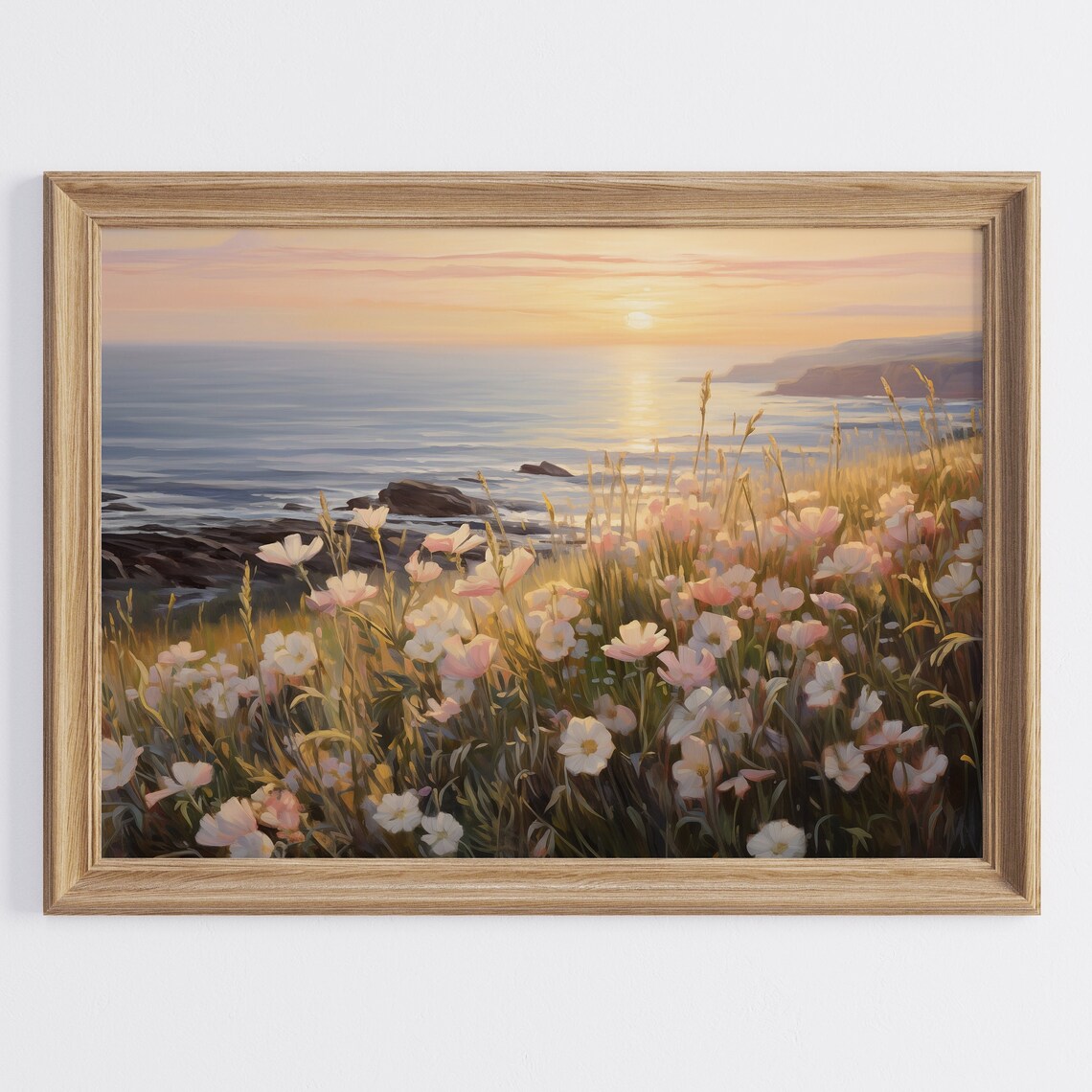 Cottagecore Sea Sunset Flower Print Farmhouse Summer Sunrise Wall Art Vintage Wildflower Field Beach Print Flower Painting