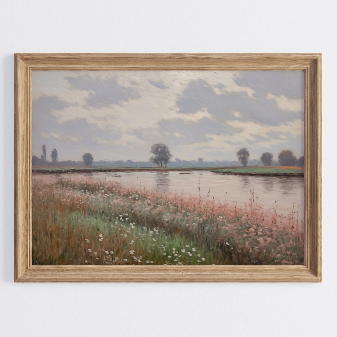 Wildflower Riverbank Cloudy Sky Country Landscape Oil Painting Print
