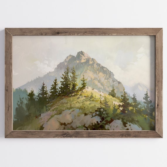 Rustic Mountain Landscape Print Vintage Neutral Wall Decor Tree Oil Painting Farmhouse Cabin Decoration