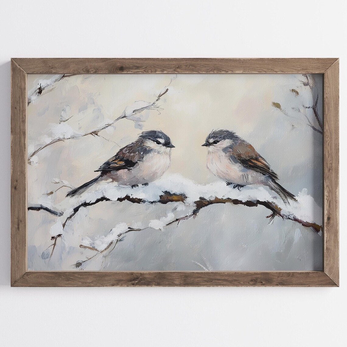 Two Small Winter Birds on Snowy Branch Oil Painting Style Poster