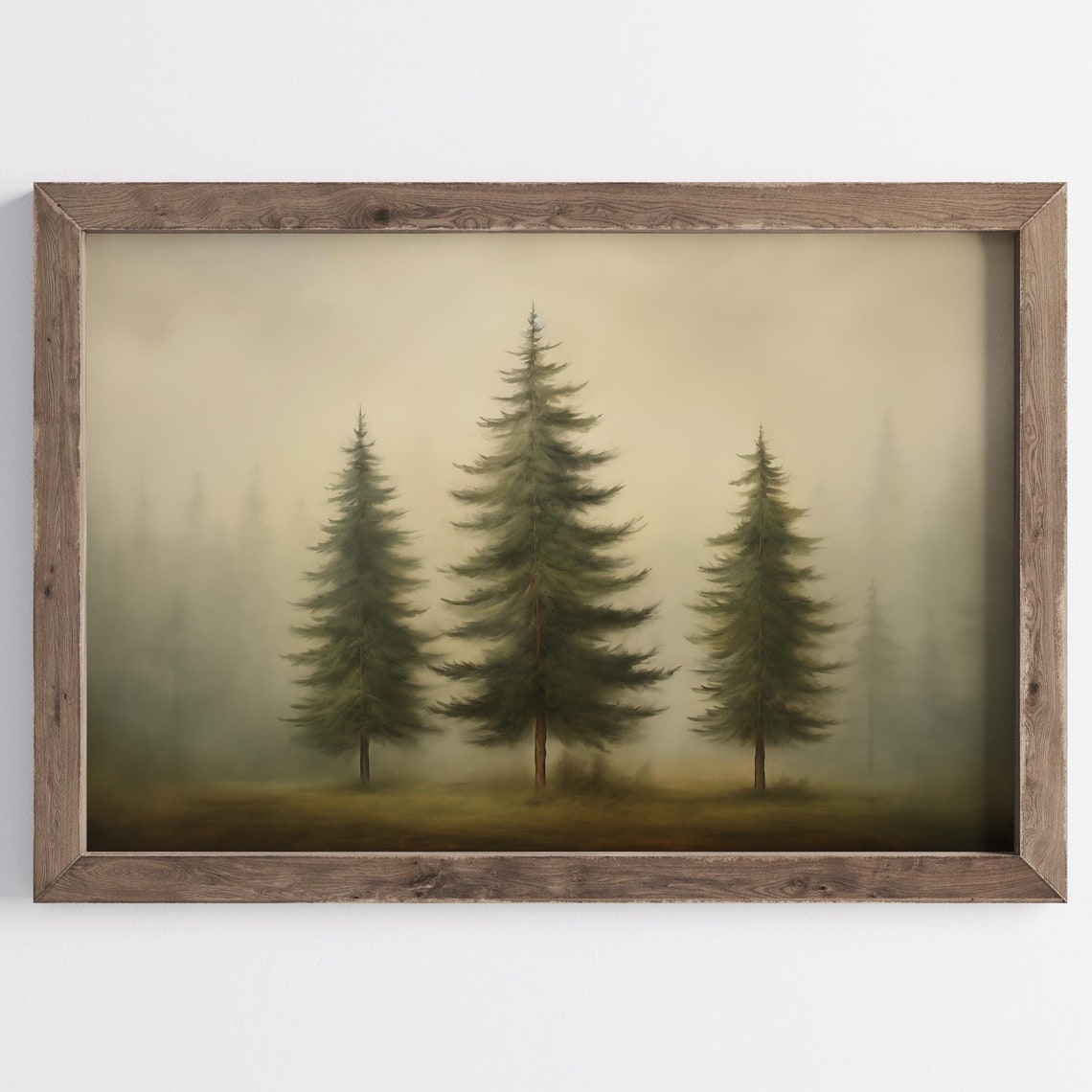 Three Pine Trees Misty Green Forest Minimalist Nature Poster