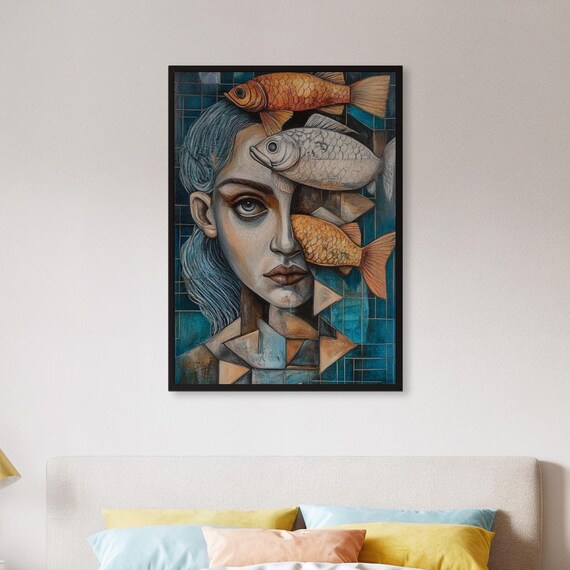 Framed Surreal Woman Fish Wall Art Print Abstract Geometric Face Poster Modern Dreamlike Decor Gift For Artists Or Contemporary Homes