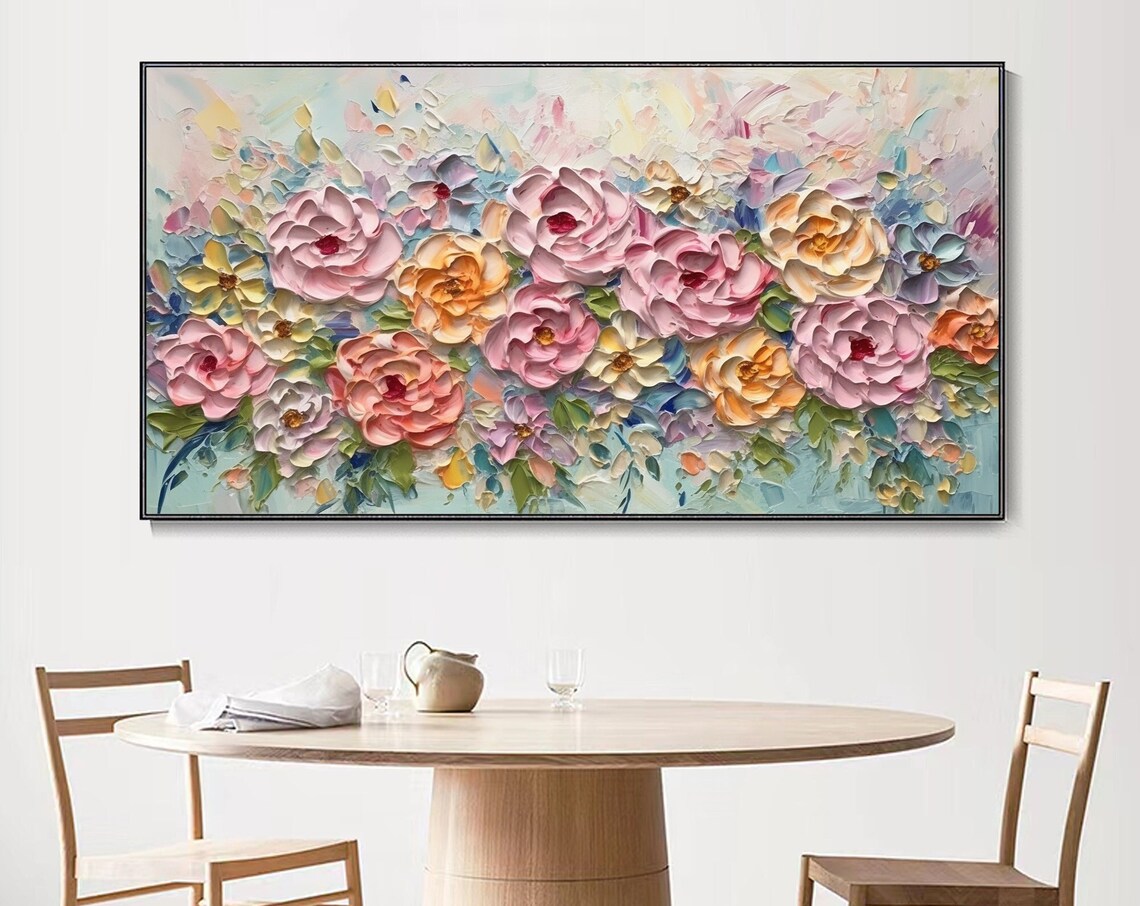 Soft Pink Rose Garden Pastel Blooms Palette Knife Floral Art Poster - Image 2