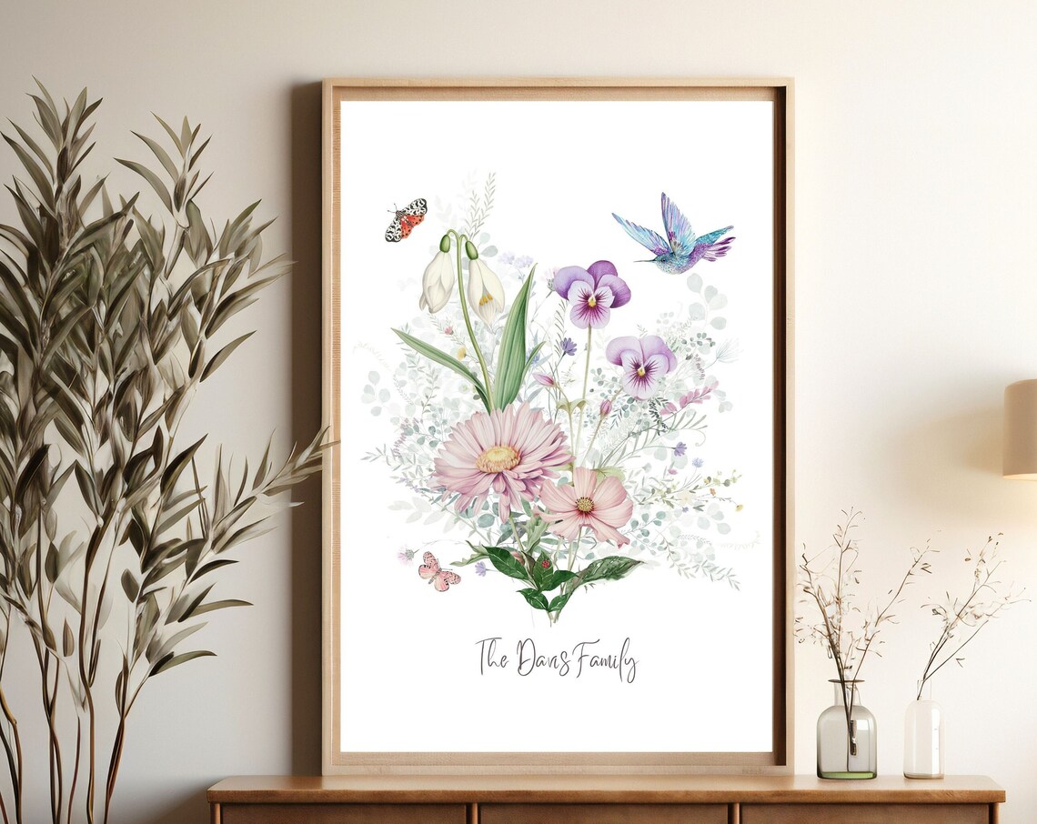 Custom Birth Flower Family Bouquet Art Print, Personalized