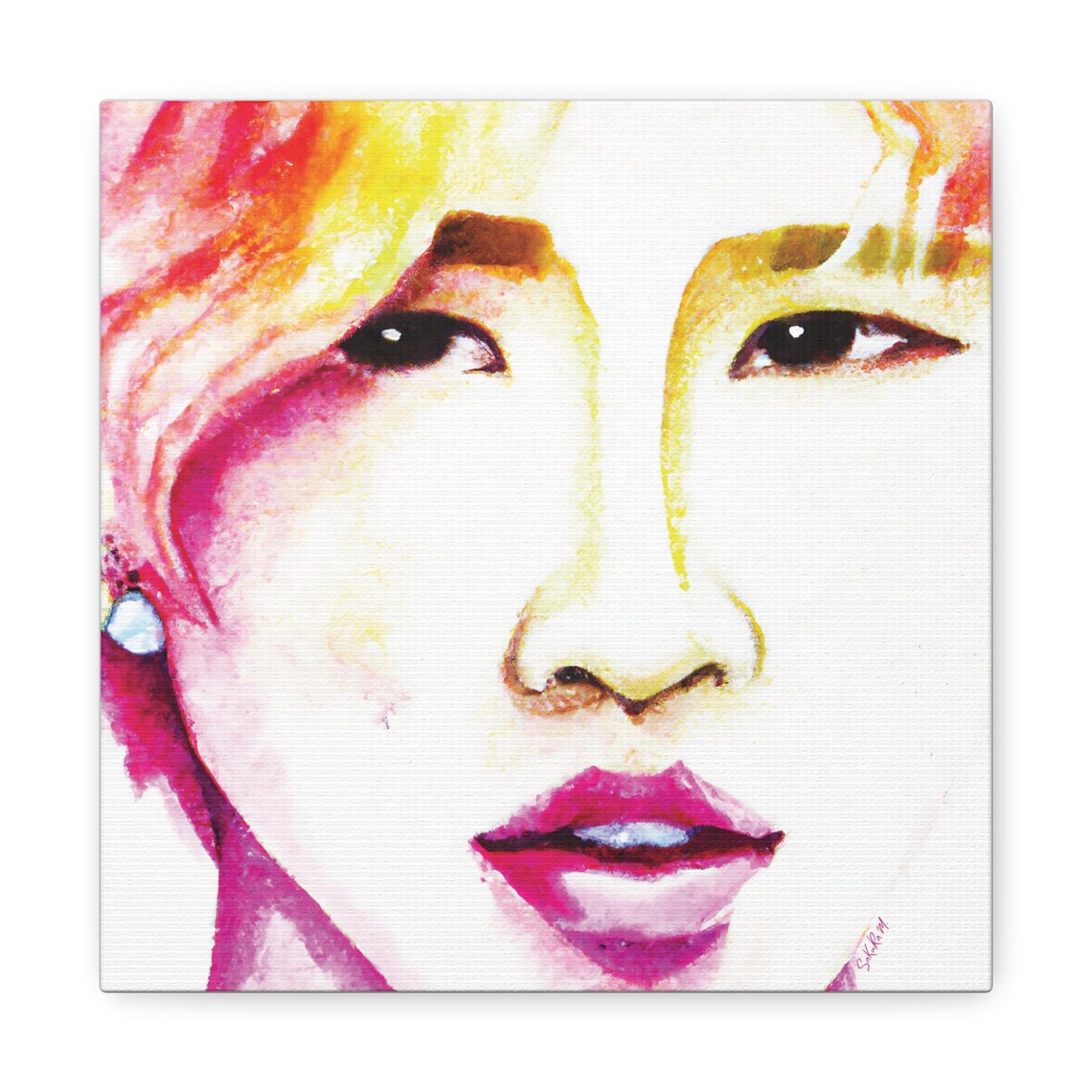 Pop Art Watercolor Pink Face Pearl Earring Close Up Portrait Poster