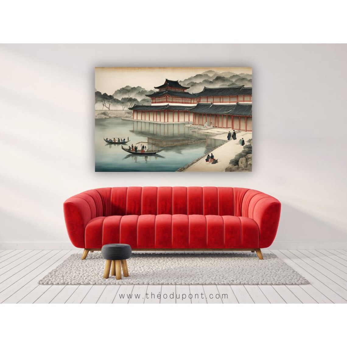 Korean Royal Palace Lake Boats Misty Mountains Ink Wash Art Poster - Image 2
