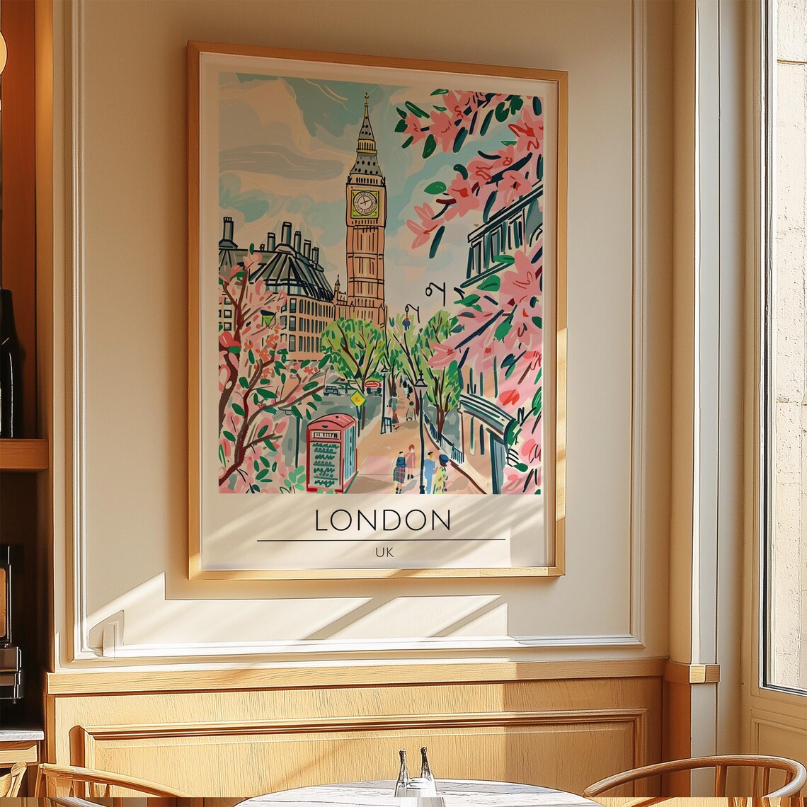 London Big Ben Spring Blossom Vintage Style City Travel Poster