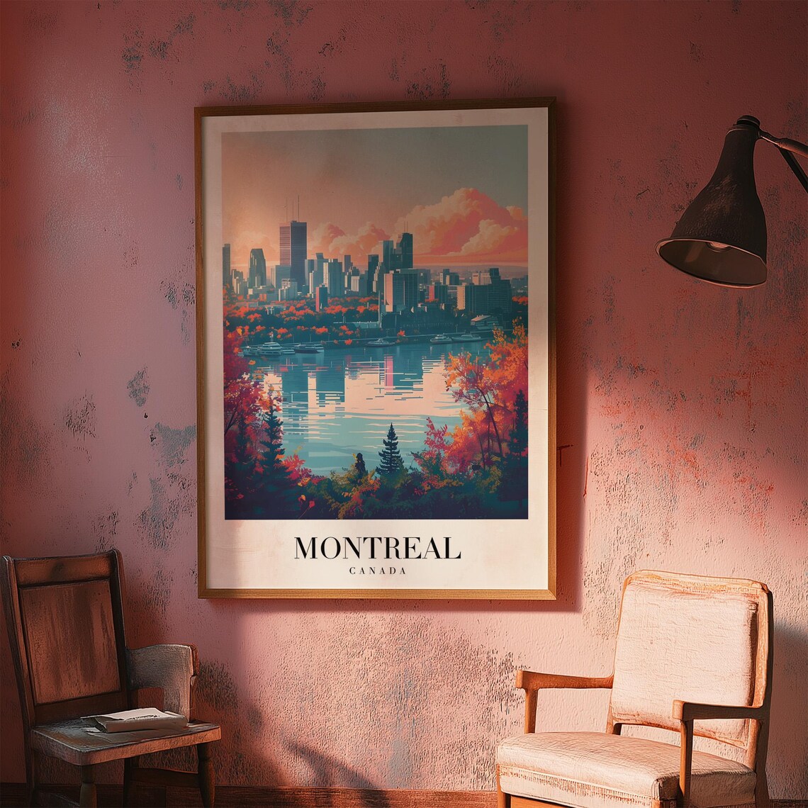 Montreal Canada Vintage Travel Poster Autumn Skyline Over the Water