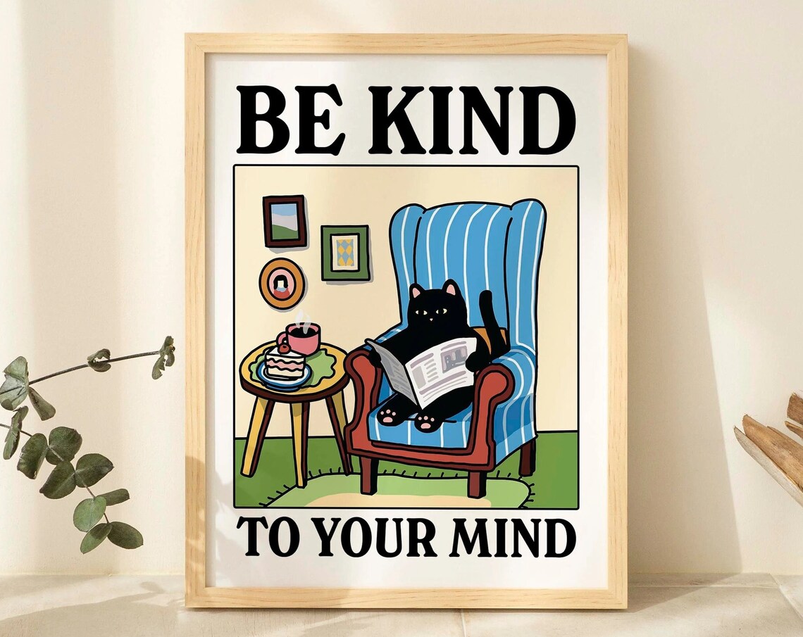 Be Kind Cat Print, Cute Black Cat Illustration