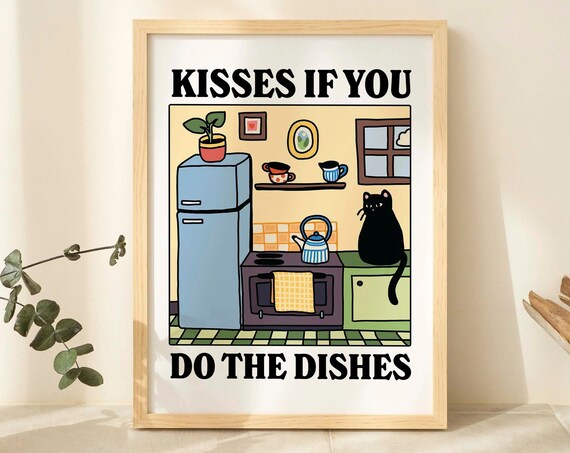 Funny Kisses If You Do the Dishes Black Cat Retro Kitchen Poster
