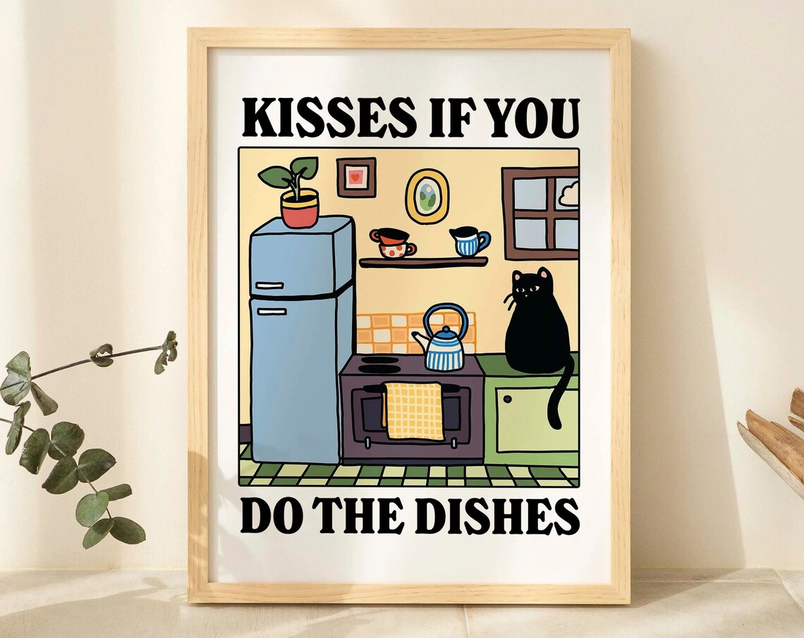 Funny Kisses If You Do the Dishes Black Cat Retro Kitchen Poster