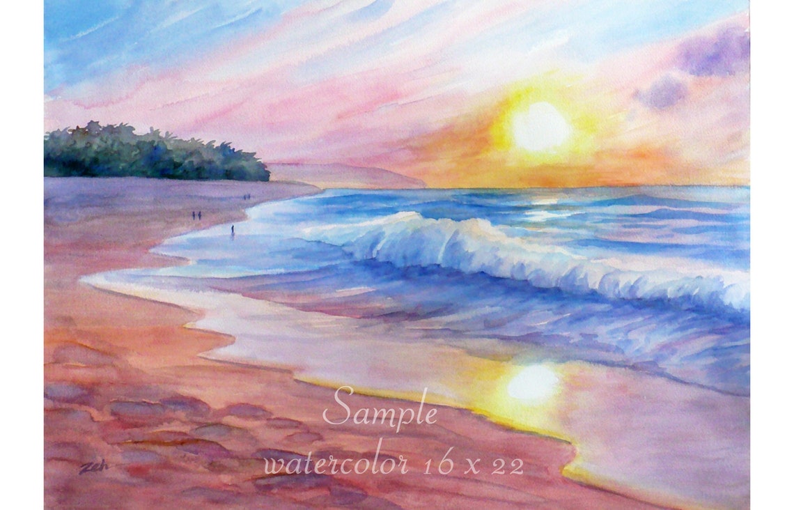 Purple Sunset Lake Swimming Watercolor Tranquil Waterscape Art Poster - Image 3