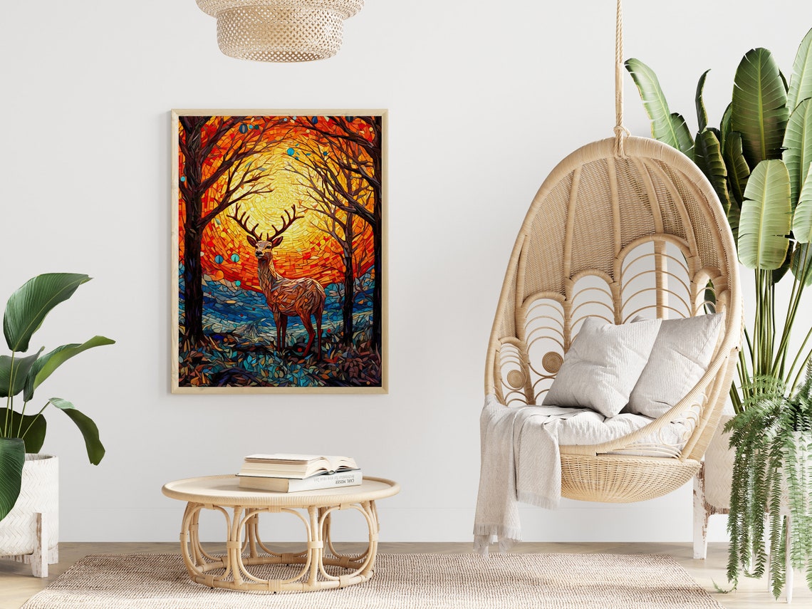 Mosaic Stag Deer Under Fiery Sunset Arch Of Trees Art Poster - Image 4