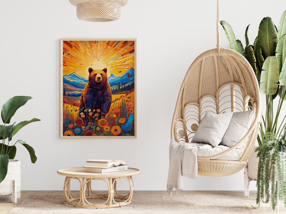 Grizzly Bear Wildflower Meadow Sunset Mountain Nature Art Poster - Image 5