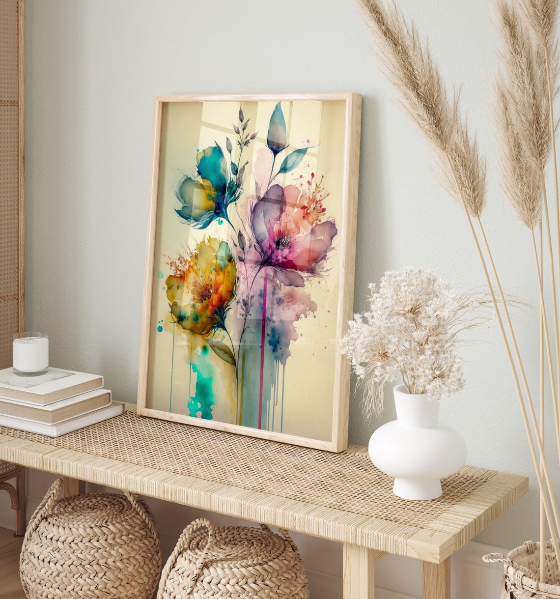 Dripping Watercolor Flowers Abstract Teal Magenta Bloom Art Print - Image 4