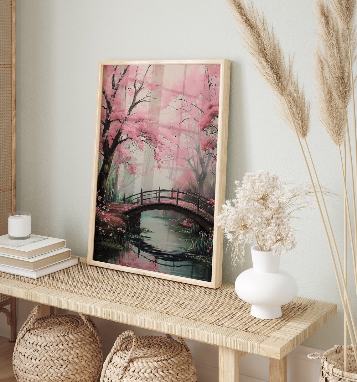 Pink Cherry Blossom Bridge Japanese Garden Pond Sakura Art Poster - Image 4