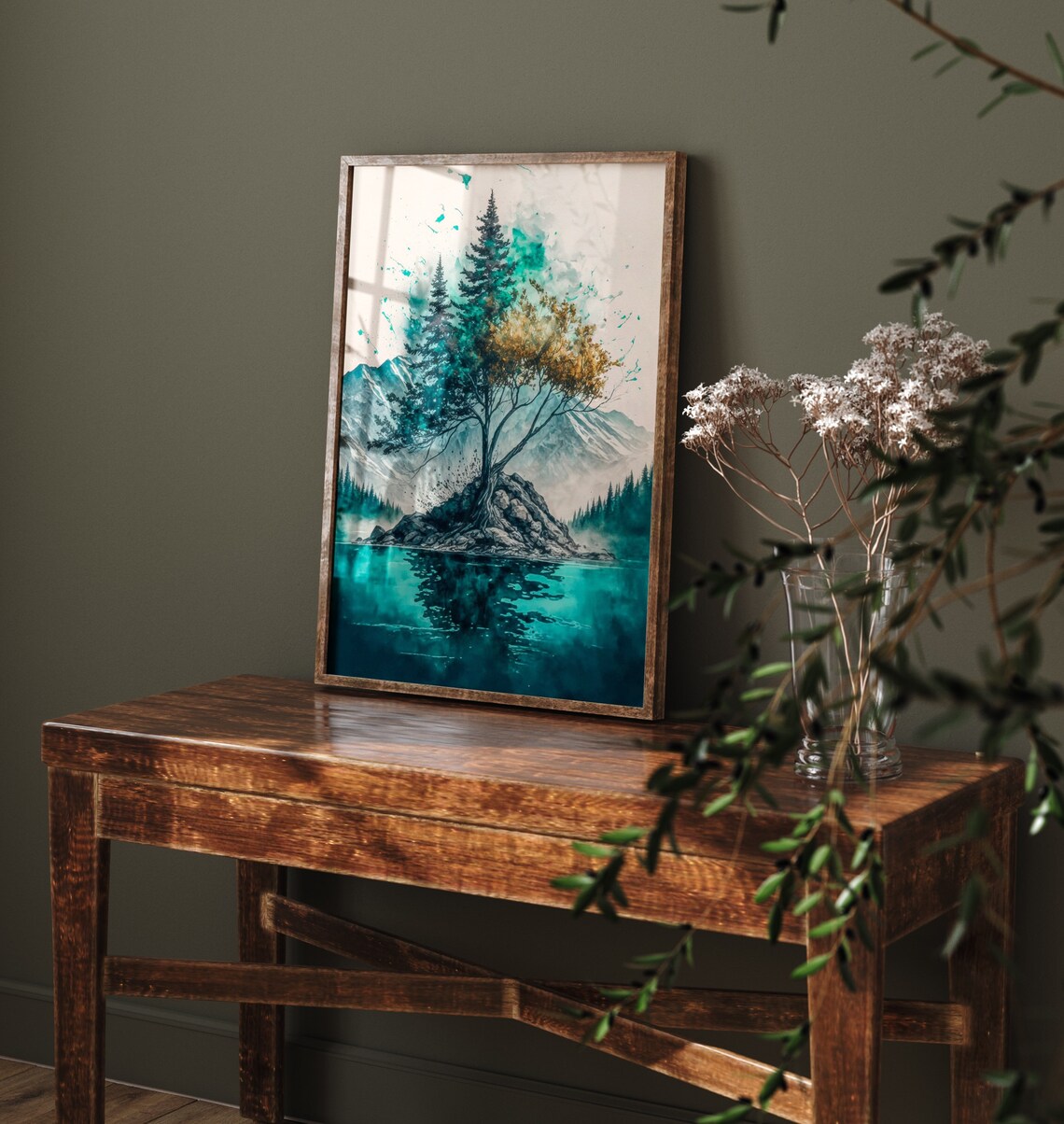 Teal Mountain Lake Evergreen Trees Watercolour Nature Poster - Image 4