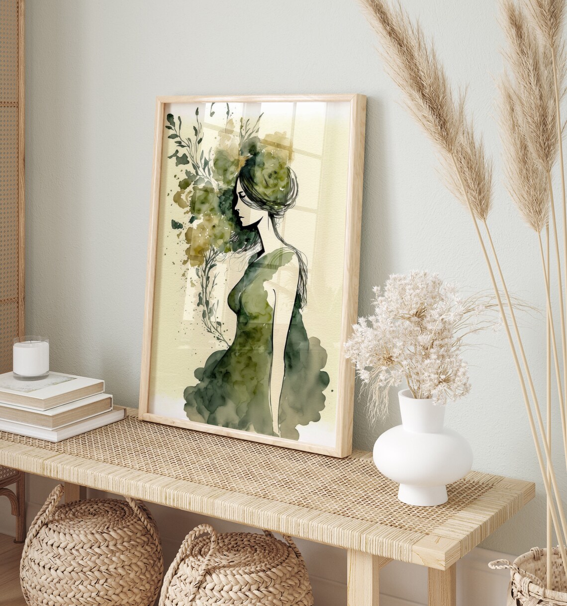 Green Watercolor Woman Olive Floral Elegant Minimalist Art Print - Image 2