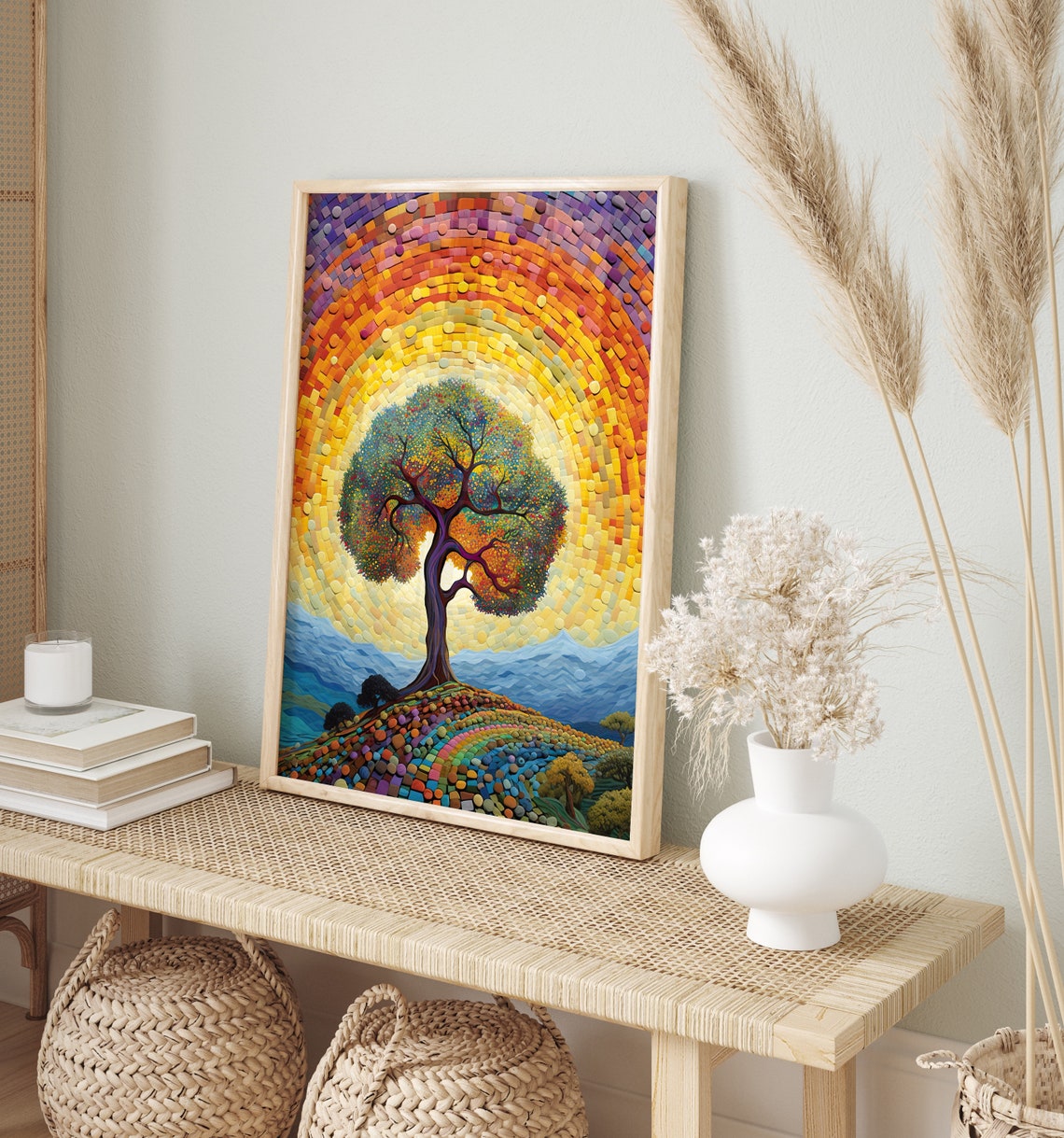 Mosaic Tree Rainbow Sun Halo Colorful Pointillism Art Poster - Image 3