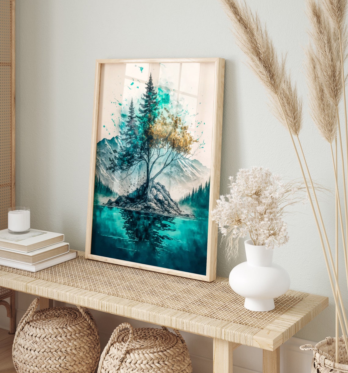 Teal Mountain Lake Evergreen Trees Watercolour Nature Poster - Image 5