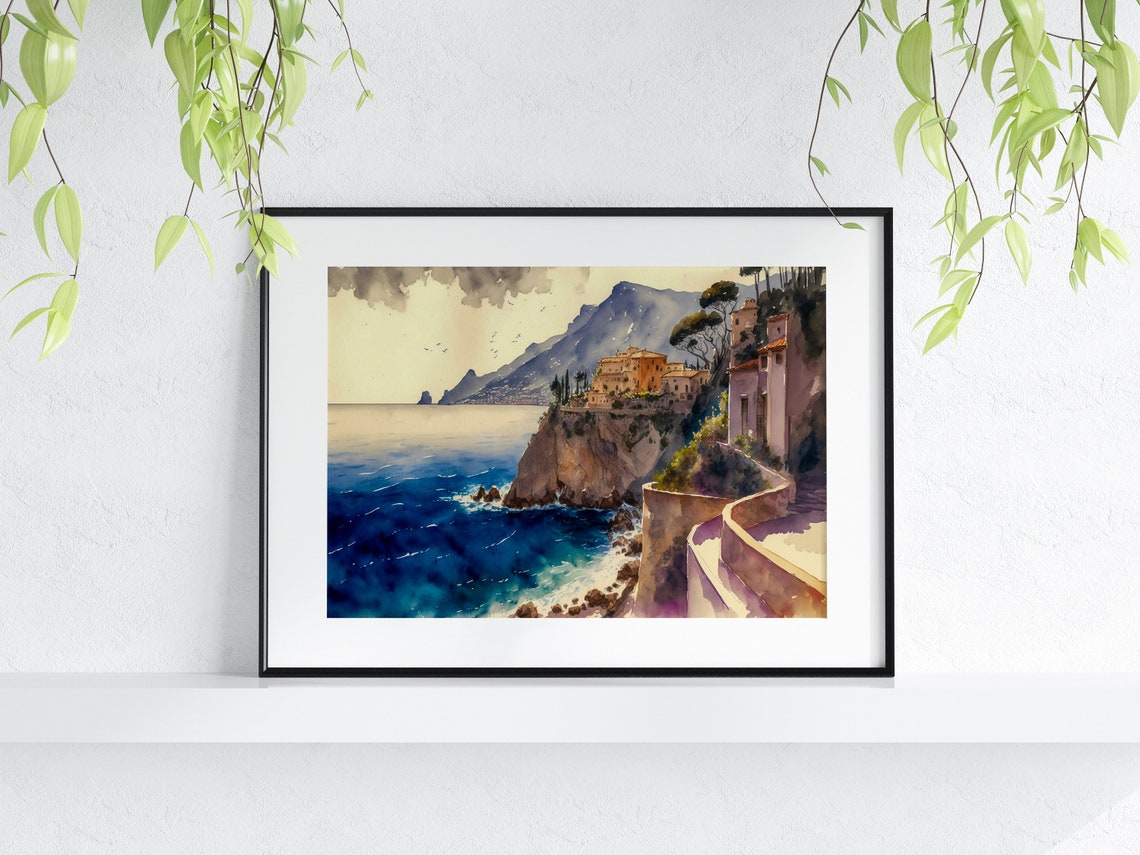Italian Coastal Villa on Rocky Cliff Watercolor Amalfi Art Print - Image 2