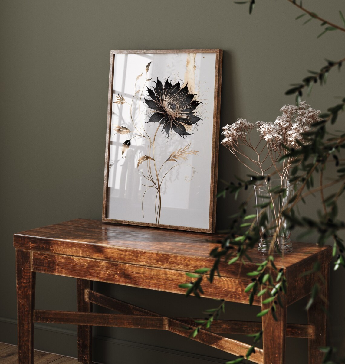 Black Bloom With Gold Line Stems Elegant Minimalist Art Poster - Image 4