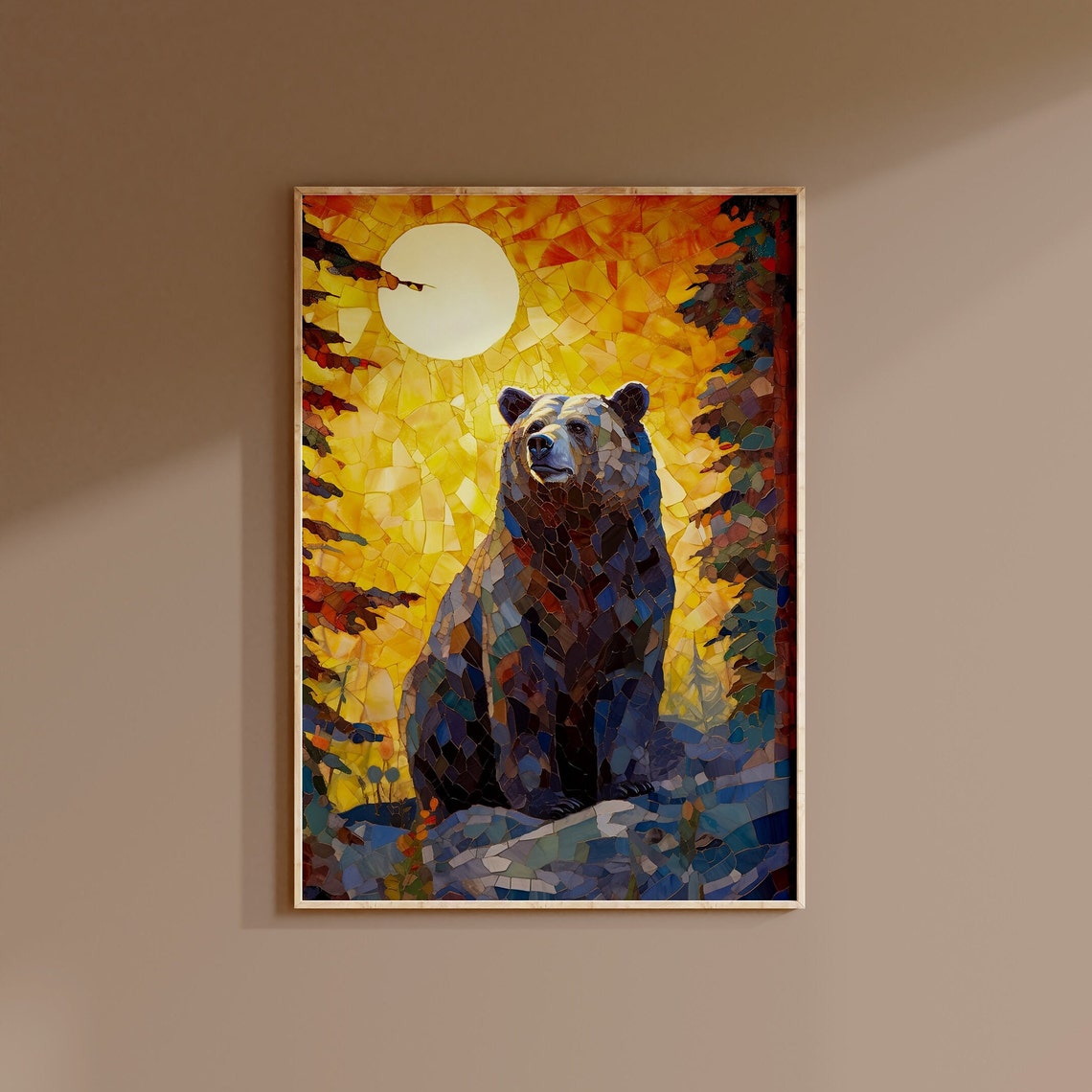 Mosaic Bear Sunset Moonlight Forest Wildlife Art Decor Poster - Image 2