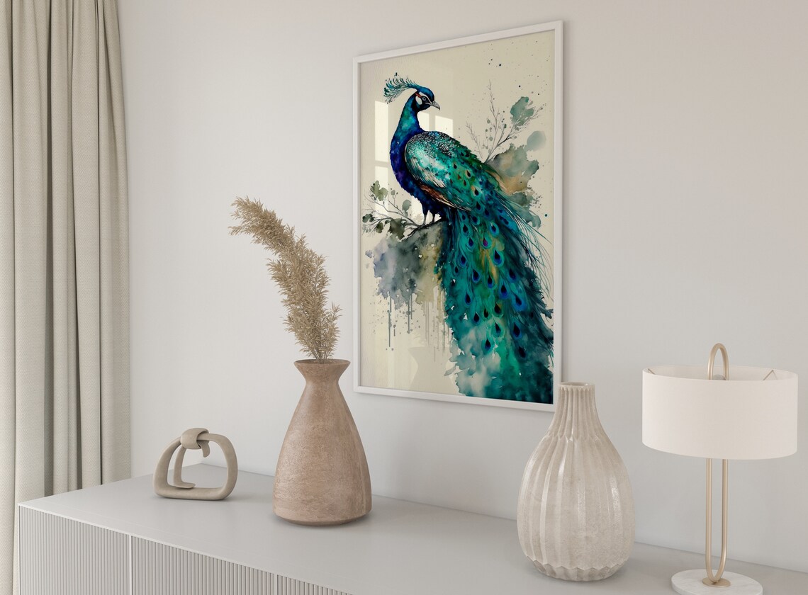 Peacock Watercolor Painting Teal Blue Bird Feather Elegant Art Print - Image 5