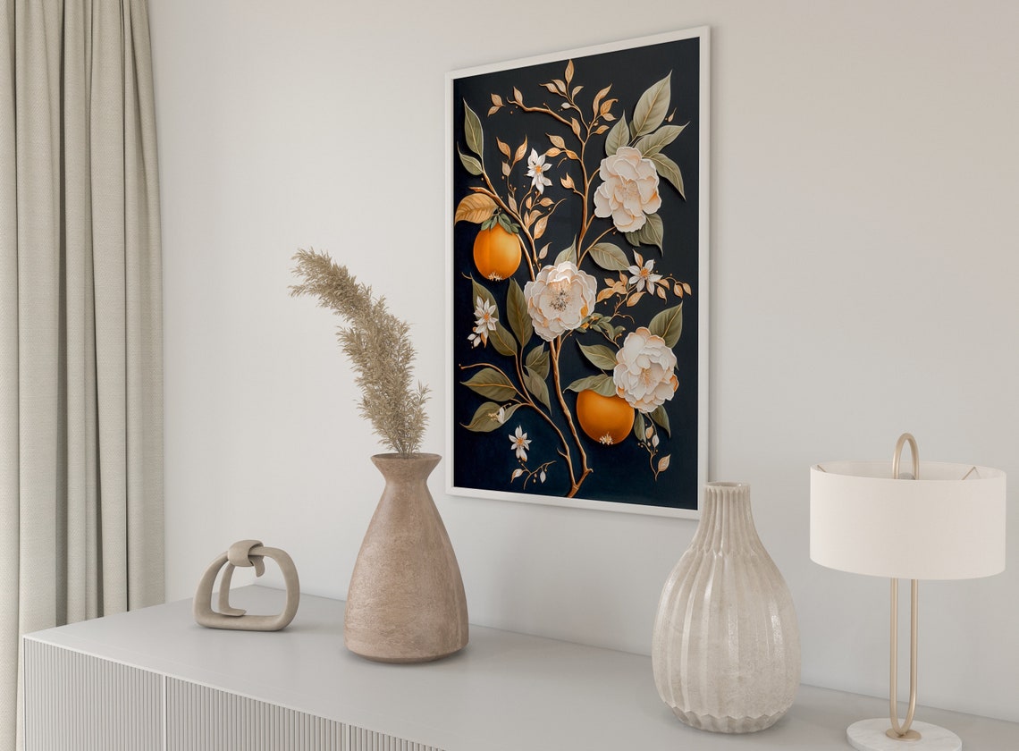 Orange Blossom Dark Botanical Gold Branch Elegant Floral Art Print - Image 5