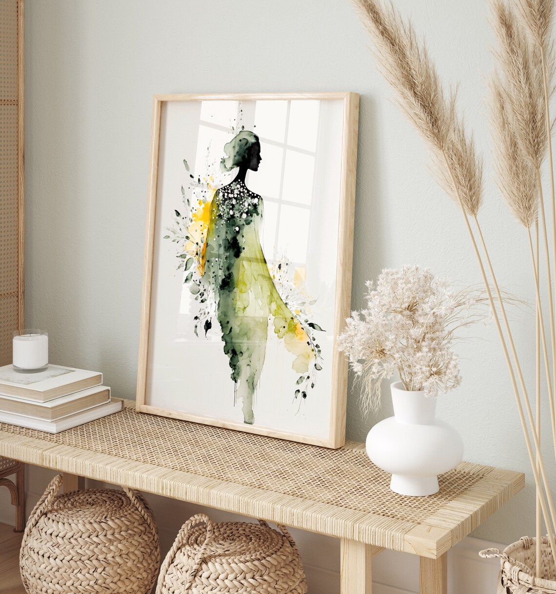 Watercolor Woman Silhouette Green Gold Floral Splash Art Print - Image 5