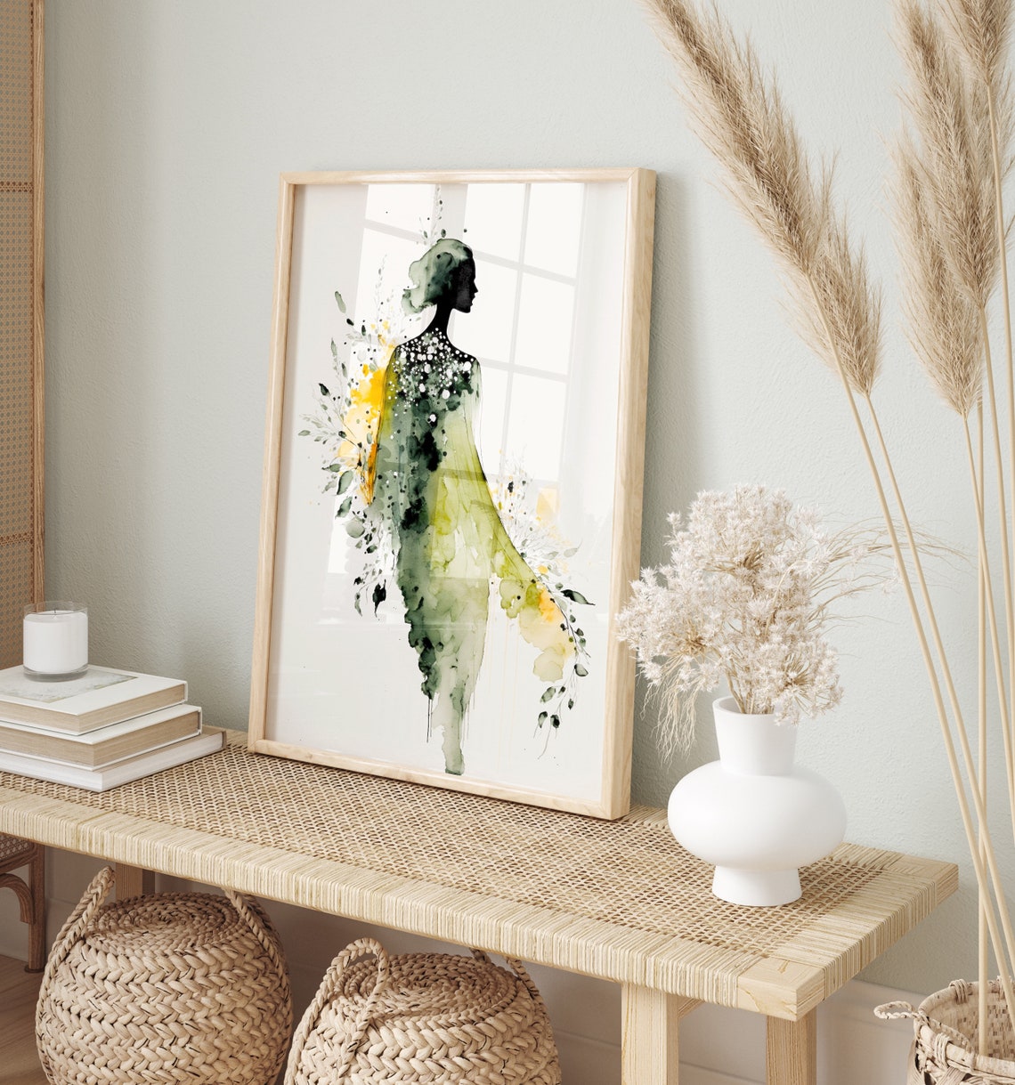 Watercolour Female Wall Art Print Green Yellow Floral Home Decor Silhouette Boho Elegant Flowers Abstract Simple Woman Girl Dress Beauty - Image 5