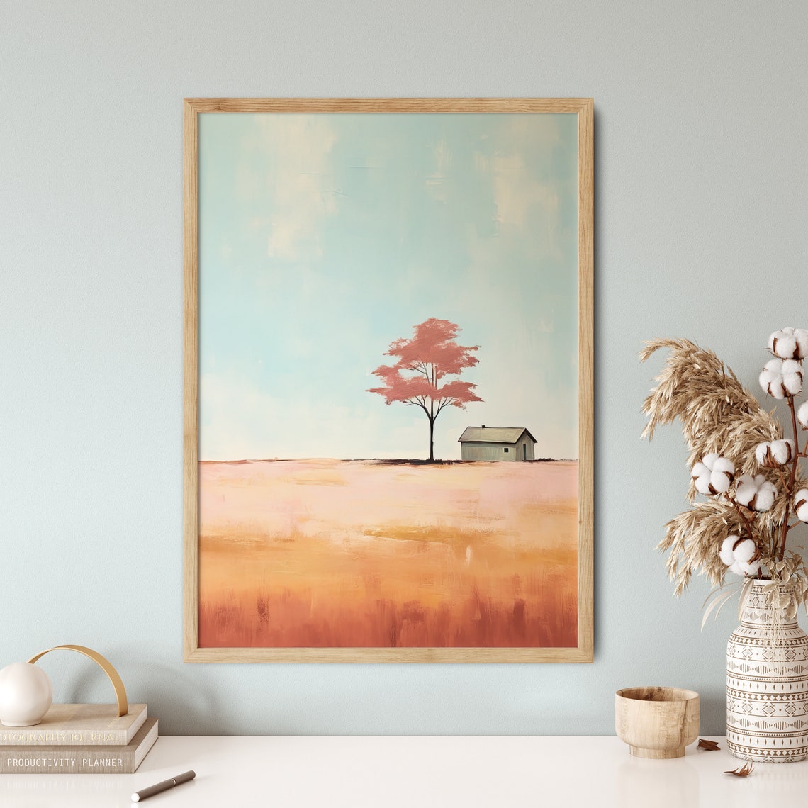 Red Tree And Farmhouse In Golden Field Minimalist Autumn Poster - Image 5