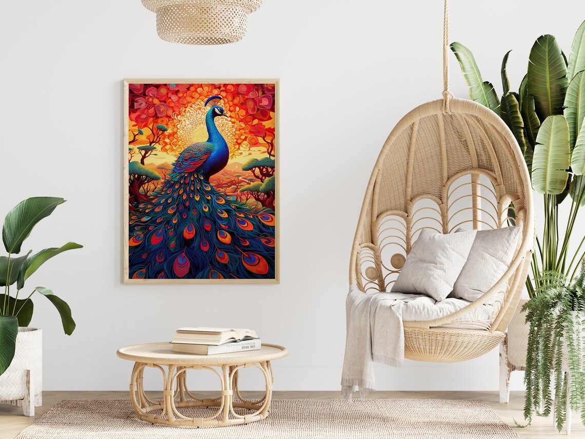 Peacock Red Trees Sunset Stained Glass Vibrant Bird Art Poster - Image 4