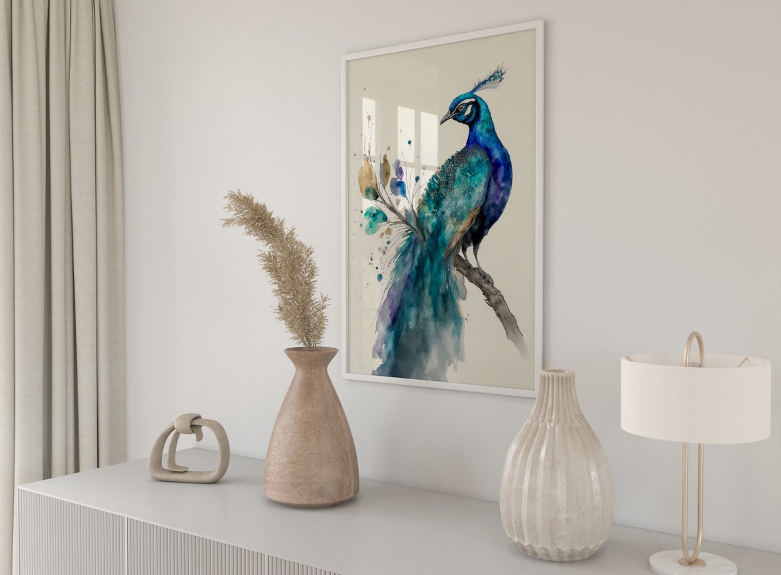 Vivid Teal and Blue Watercolor Peacock Perched Bird Wall Art - Image 5