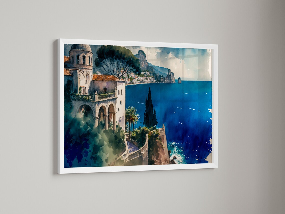 Amalfi Villa With Cypress Trees Watercolor Italian Coast Art Print - Image 4