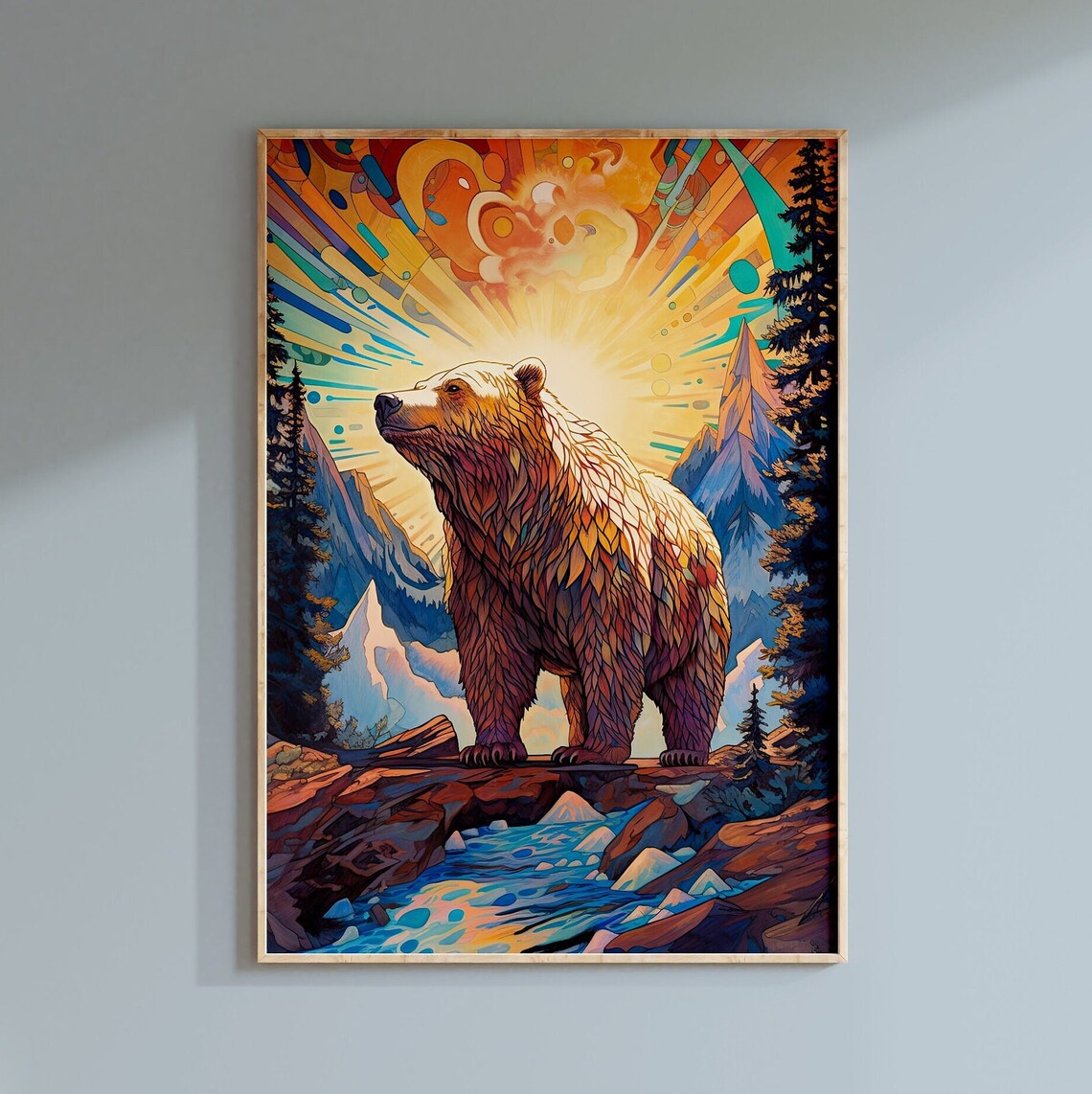Bear Mountain Sunrise Mosaic Style Colorful Wildlife Art Print - Image 2