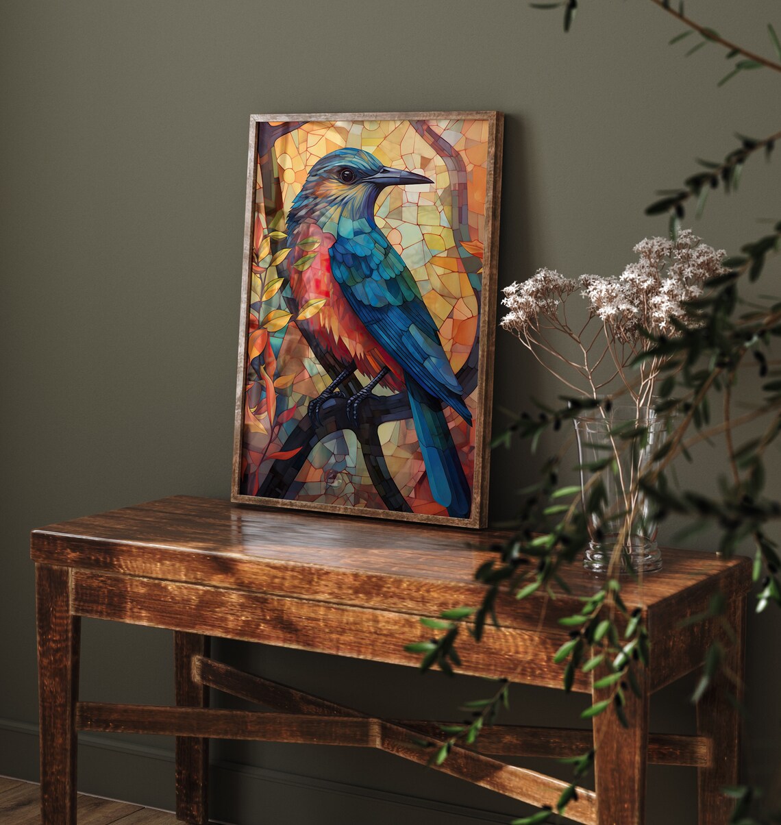Blue Red Songbird Mosaic Stained Glass Autumn Leaves Art Poster - Image 4