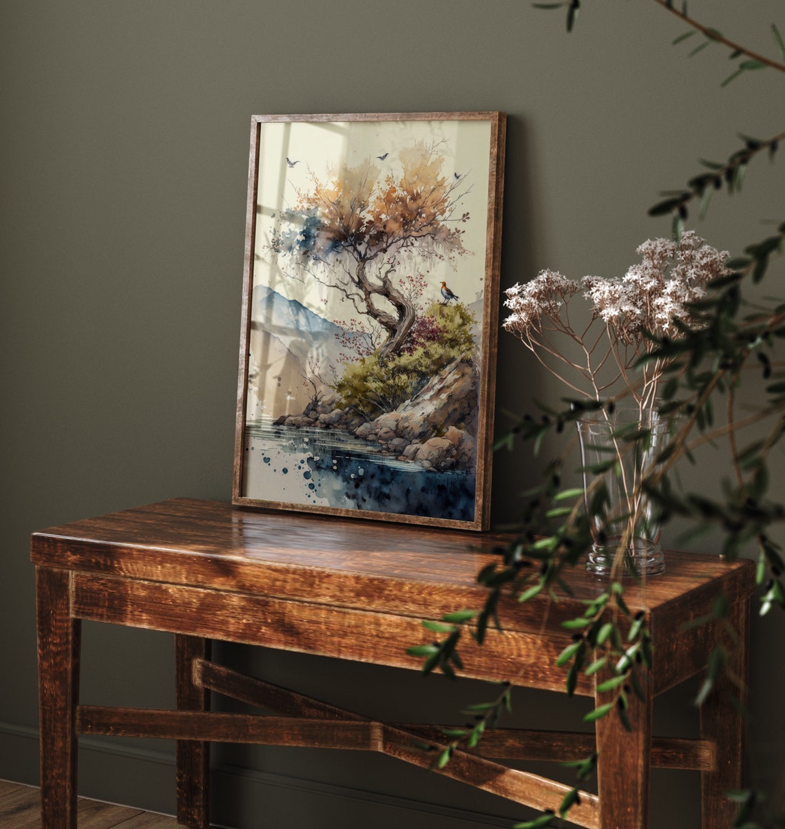 Windswept Tree by Lake Neutral Beige Watercolour Landscape Poster - Image 5