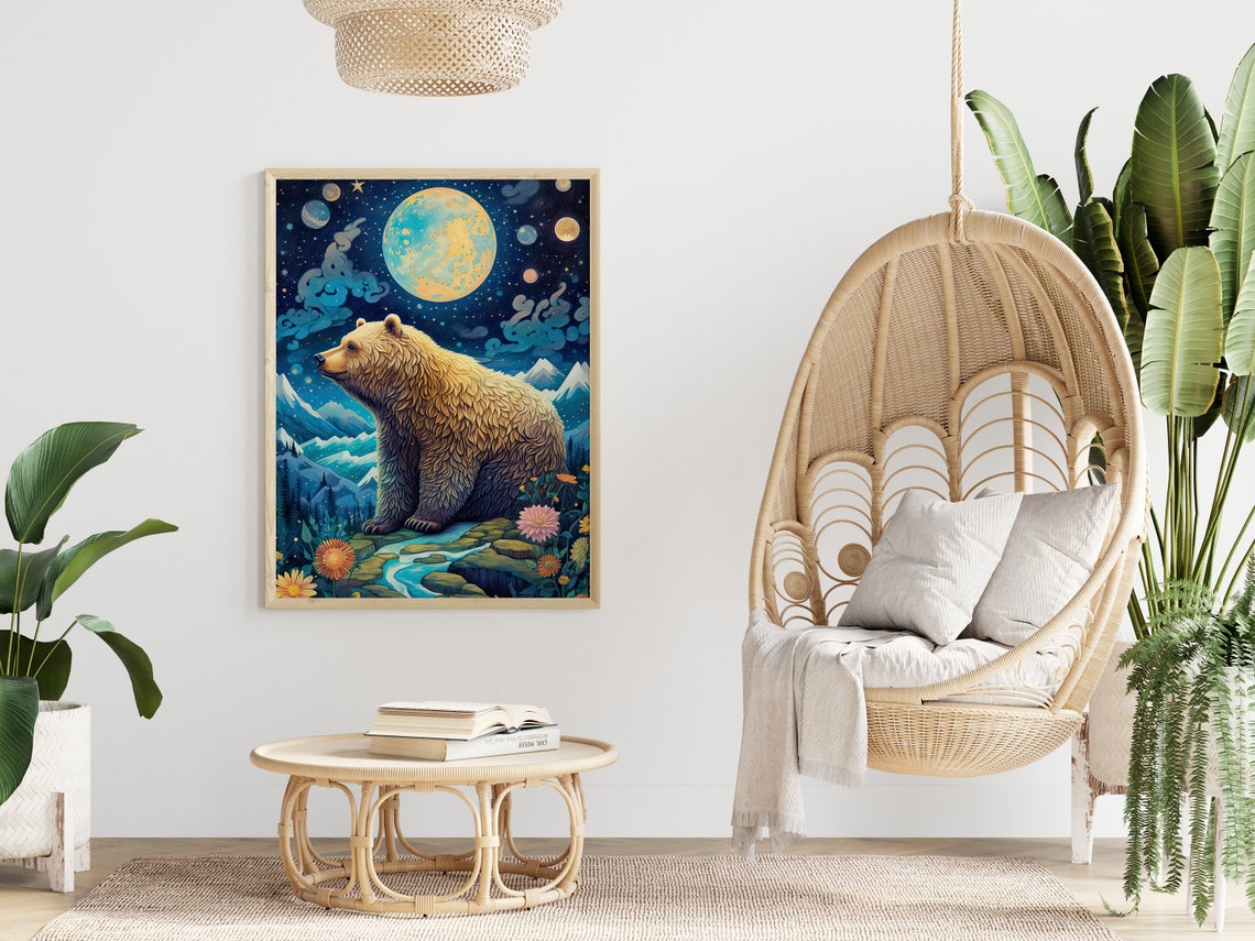 Bear Under Cosmic Night Sky Moon Planets Flowers Dreamscape Poster - Image 4