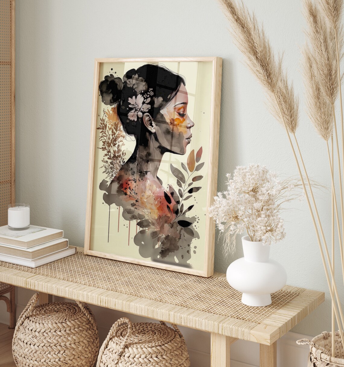 Woman Profile Floral Watercolor Ink Botanical Beauty Art Print - Image 4