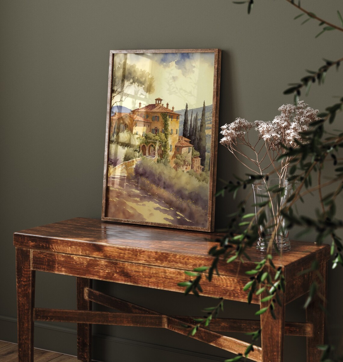 Golden Tuscan Villa Cypress Trees Watercolour Countryside Poster - Image 5