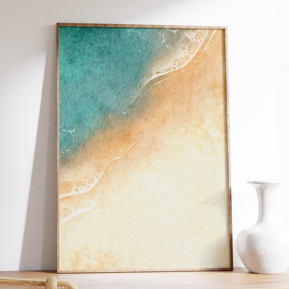 Teal Ocean Diagonal Sweeping Over Golden Sandy Beach Scene Print