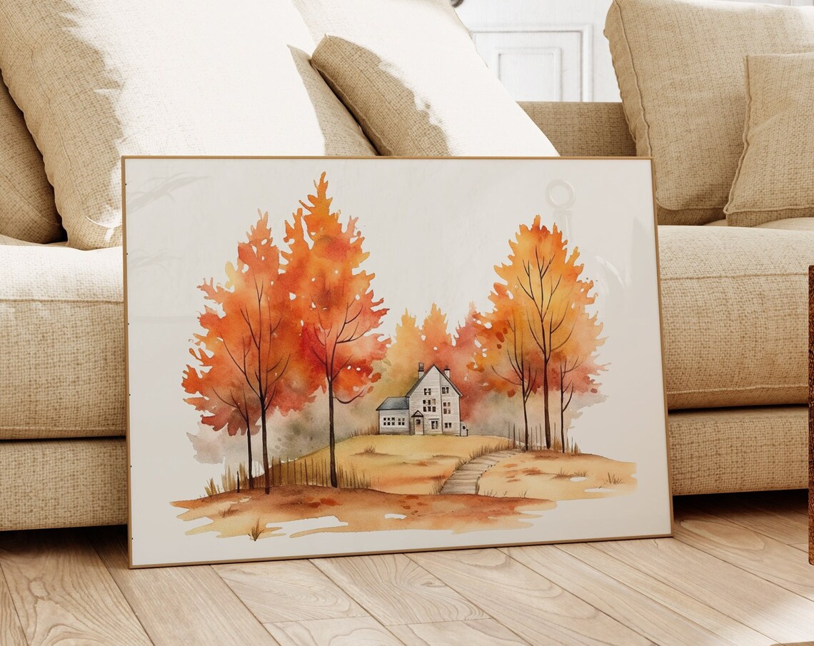 Watercolor Autumn Farmhouse With Fiery Orange Trees Scene Poster