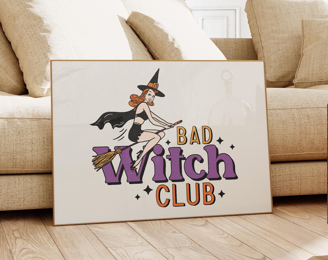 Bad Witch Club Retro Pinup Witch on Broom Halloween Party Poster